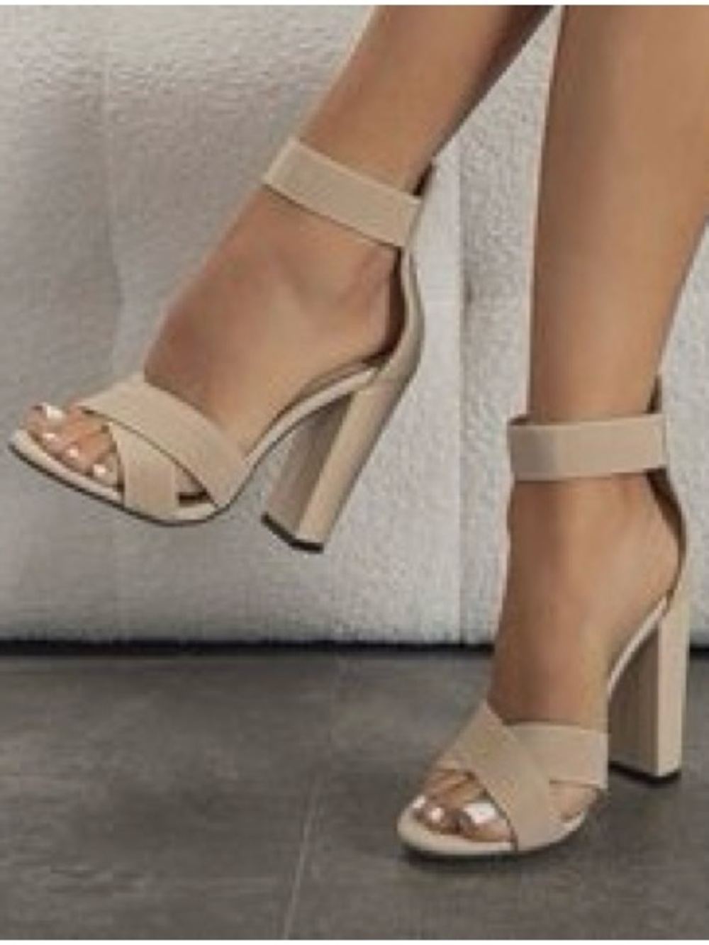 Women’s beige chunky high-heel sandals with a crisscross front. Size 6.5.